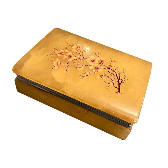 Alabaster Onyx Quartz Vintage Jewelry Box Floral Decal - Picture 1 of 7